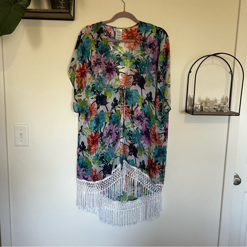 Catalina‎ Floral Print Open Tie Front Fringe Hem Kimono Swim Coverup Medium 8-10